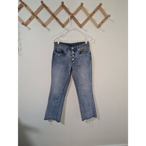 Blank NYC The Varick Kick Flare Rainbow Embroidered Button Fly Raw Hem Jeans - Picture 1 of 11